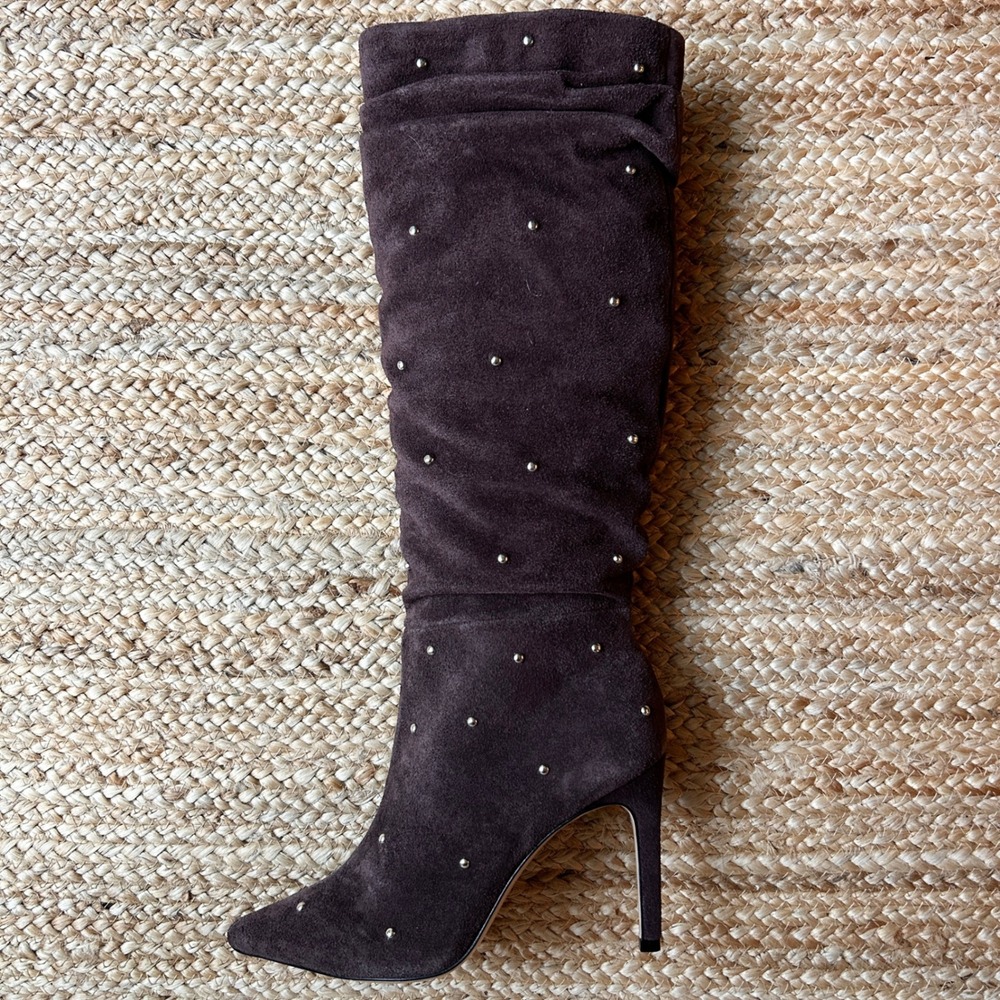 Anthropologie Chocolate Suede Silver Studded Scrunch Tall Heel Boots 6.5‎ NWT